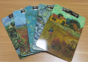 Detail view of five wooden A4 clipboards featuring classic Van Gogh oil painting designs
