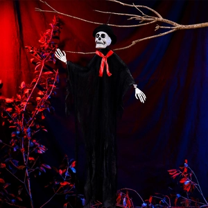 Hanging Halloween skull ghost decor with black tattered robe and red bow on dark background