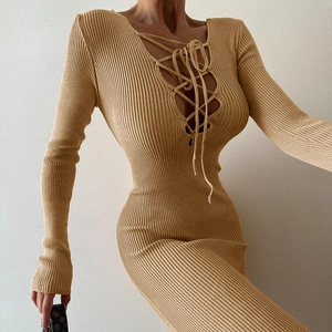 Slim fit khaki knit long sleeve dress with elegant front cutout and lace-up design
