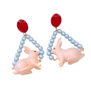 Cute rabbit drop earrings with red resin beads and white pearls in Chinese style
