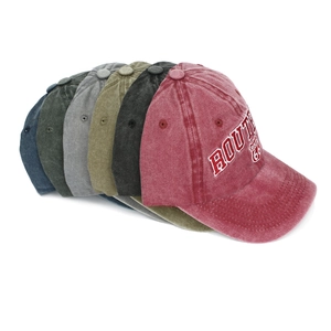 Macro shot of Route 66 embroidered washed denim baseball caps in six vintage colors