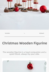 Detail view of wooden Santa ornaments with natural pine cones and red decor balls