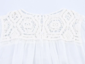 Detail of crochet lace neckline with intricate floral cutouts and button closure