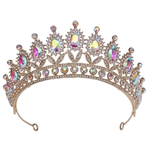 Luxurious baroque gold bridal crown with AB colorful water-drop rhinestones and crystals