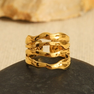 Irregular Wave Line Ring Stainless Steel Multi Layer Open Adjustable Gold Plated Minimalist Jewelry For Women