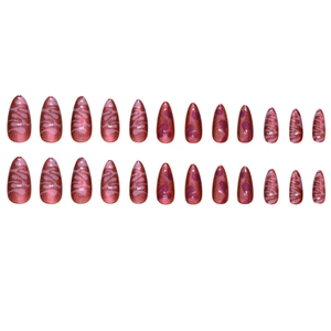 Set of 24 pink cat eye almond press-on nails with purple marble flame patterns on white background