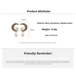 Detailed spec view of vintage moon and star earrings with faux pearl drop and alloy specs