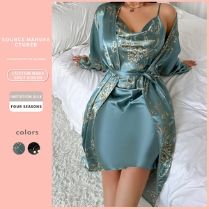 Women Plus Size Satin Sleepwear Floral Print Nightgown And Belted Robe Imitation Satin Loungewear Elegant