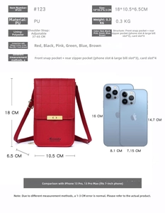 Detailed size chart of the cross-body bag showing dimensions 18x10.5x6.5 cm and phone fit