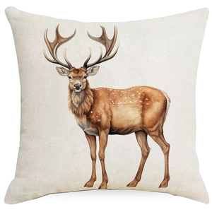Detailed view of square cotton linen pillowcase with brown deer print on beige fabric