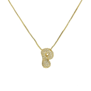Close-up of golden bubble letter P pendant with full zircon stones on box chain