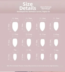 Detailed size guide for short almond press on nails featuring 12 different widths and lengths