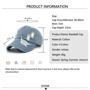 Blue denim baseball cap with distressed details and metal rings showing size measurements