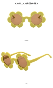 Detailed views of yellow flower shaped sunglasses for kids with round brown lenses