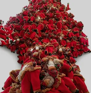 Macro shot of plush Santa Claus figurines in a hot air balloon festive display