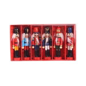 Set of 6 classic wooden Nutcracker soldier ornaments in festive red and blue gift box