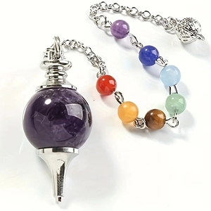 Amethyst crystal dowsing pendulum with 7 chakra beads on a silver-plated chain