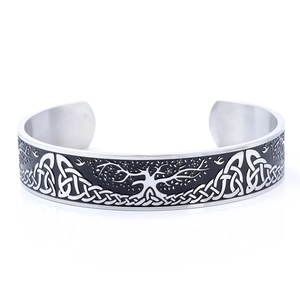 Vintage stainless steel open bangle with Tree of Life engraving and black enamel finish