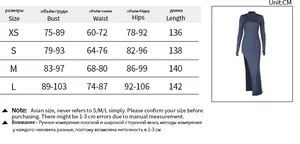 Size chart for the backless split maxi dress with precise measurements in centimeters