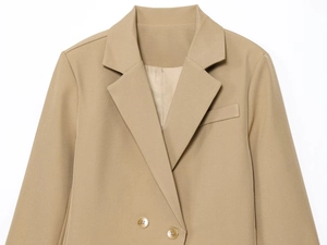 Close-up of khaki blazer showing notched lapels, twill texture, and double-breasted buttons