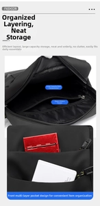 Detail view of large main pocket, zipper inner pocket and front multi-layer pocket storage