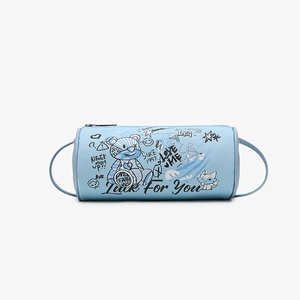 Blue cylindrical crossbody bag with graffiti prints and bear pattern for women