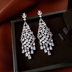 Gros plan de boucles d'oreilles pampilles en argent avec zircons sur boîte à bijoux
