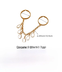 Detailed view of gold chain ring with water drop tassels and size specifications