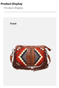 Detail of bohemian crossbody bag showing woven canvas pattern, long tassels, and stud accents