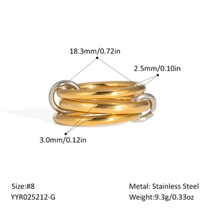 Detailed sizing chart for stainless steel multi-layered interlocking ring in gold and silver