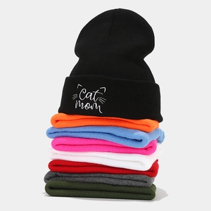 Colorful Cat Mom embroidered beanies in eight colors including black, pink and blue