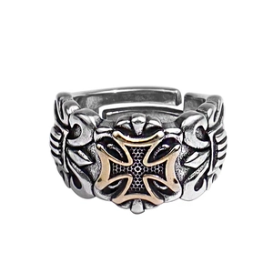Vintage retro distressed cross open ring with ethnic engraving in two-tone metal finish