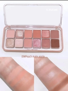 Detail view of 12-color eyeshadow palette in peach tones with arm swatches and shimmers