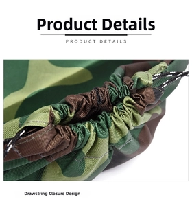 Detail of waterproof camouflage bag showing the heavy-duty drawstring closure system