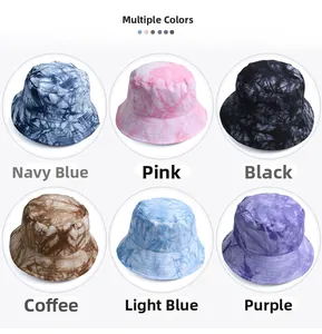Detailed grid showing tie-dye bucket hats in navy, pink, black, brown, light blue, and purple