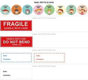Macro shot of assorted Thank You labels, Fragile warnings, and Date content stickers