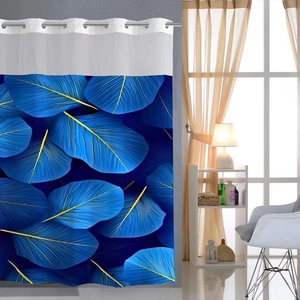 Close-up of shower curtain with gold leaf veins pattern and silver metal grommets