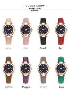 Showcase of starry sky quartz watches for women with eight color options in matte leather