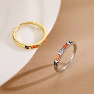 Minimalist Geometric Open Ring Copper Real Gold Plated Colorful Cubic Zirconia Adjustable Finger Jewelry For Women