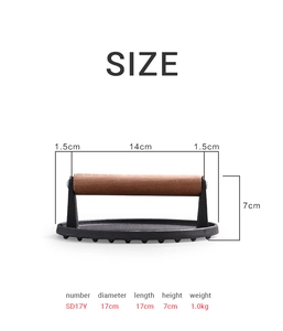 Spécifications de taille pour la presse à burger en fonte 17cm avec manche bois