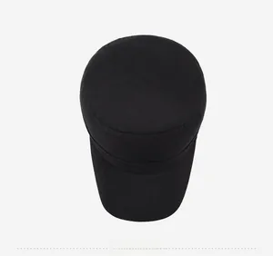 Detailed top view of a black flat top military cap featuring embroidered SPORT lettering