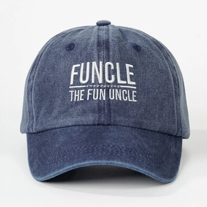 Front view of washed navy blue denim baseball cap with FUNCLE white embroidery