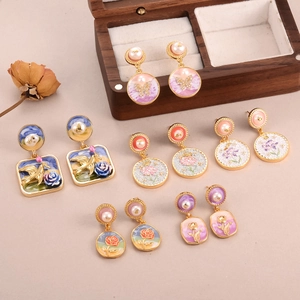 Artificial Baroque Pearl Earrings Enamel Flower Butterfly Vintage Oil Painting Style Jewelry With 925 Sterling Silver Earring Post