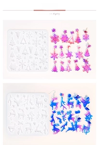 Macro view of Christmas tree and snowflake silicone molds with glitter resin earrings