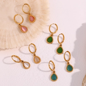 Waterdrop cat eye stone earrings in pink, green, white, and teal with golden hoops