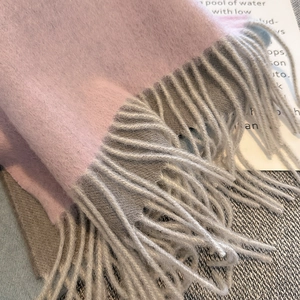 Soft pink and grey gradient goat wool scarf with fringe and water ripple texture