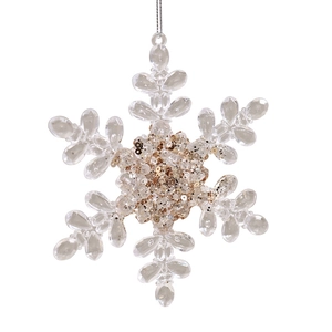Clear acrylic snowflake ornament with gold sequins and silver string for Christmas tree