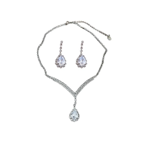 Elegant silver V-shaped necklace and teardrop crystal earrings set for women