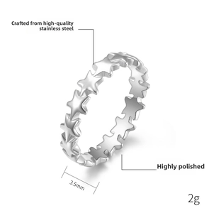 Macro detail of stackable star-shaped steel ring showing 3.5mm width and 2g weight