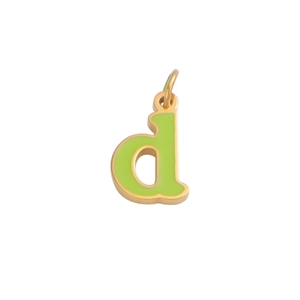 Detailed view of a gold-plated D-letter pendant with green enamel finish on white background